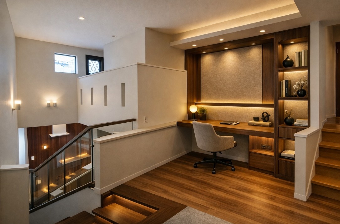 階段の踊り場を、思考を整える余白のある書斎空間へ。 暮らしの質を高める住まいの間取り設計