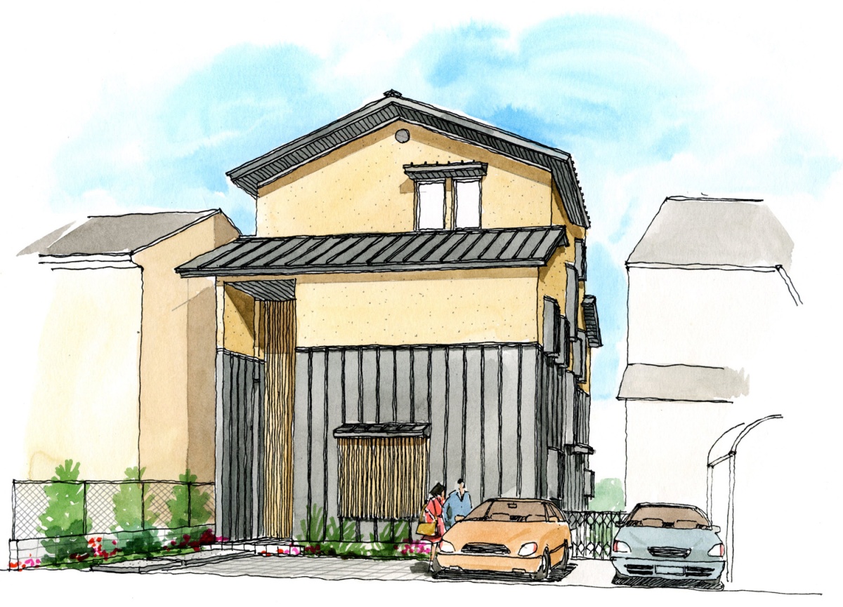 木造３階建てで「和」を考えたスケッチ